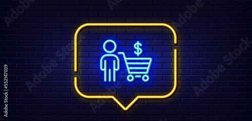 Neon light speech bubble. Buyer with shopping cart line icon. Customer sign. Supermarket client symbol. Neon light background. Buyer glow line. Brick wall banner. Vector