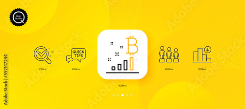 Decreasing graph, Equality and Quick tips minimal line icons. Yellow abstract background. Bitcoin graph, Chemistry lab icons. For web, application, printing. Vector