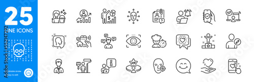 Outline icons set. Heart rating, Cyber attack and Problem skin icons. User notification, Painter, House security web elements. Security app, Businessman, Head signs. Vip table. Vector