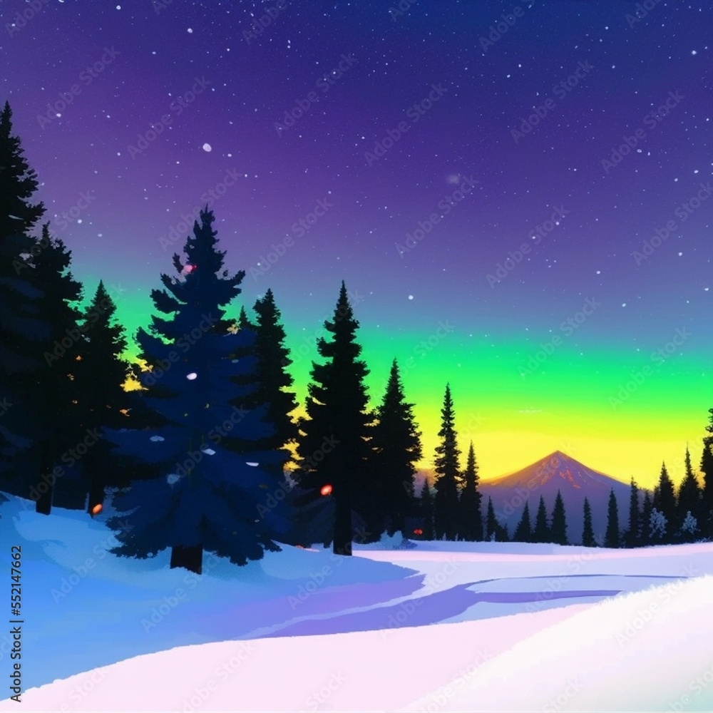 Magical forest in snow, Aurora Borealis illustrations set Magical forest in snow, Aurora Borealis illustrations set