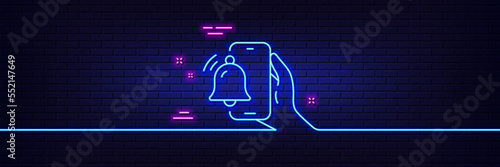 Neon light glow effect. Alarm clock app line icon. Reminder bell sign. Phone notification symbol. 3d line neon glow icon. Brick wall banner. Alarm clock outline. Vector