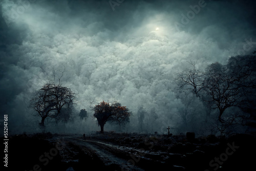 Haunted dry night forest landscape with glowing lights. Horror spooky landscape concept art.