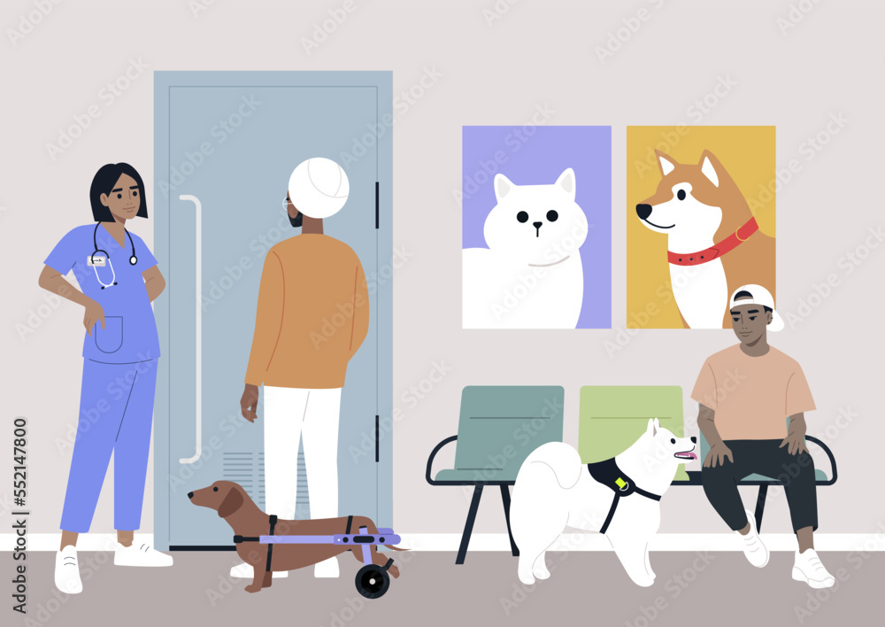 A young veterinary doctor talking to visitors in the lobby, domestic animals  health care Stock Vector | Adobe Stock