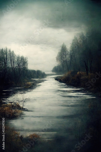 Melancholic winding river with a vignette and soft focus illustration. Muted. Vintage mood. Digital acrylic painting.