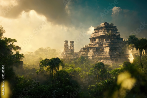 Mayan temple in the middle of a tropical jungle. Acrylic digital painting.