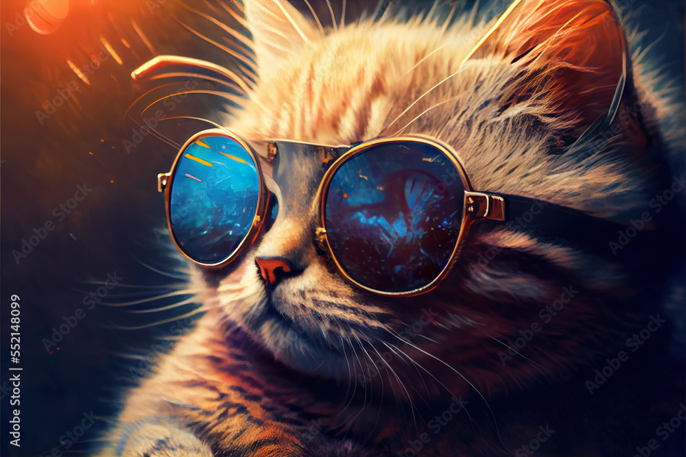 funny cute red cat in sunglasses, illustration