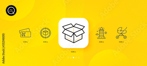 Open box, Baby carriage and Boarding pass minimal line icons. Yellow abstract background. Parcel tracking, Lighthouse icons. For web, application, printing. Vector
