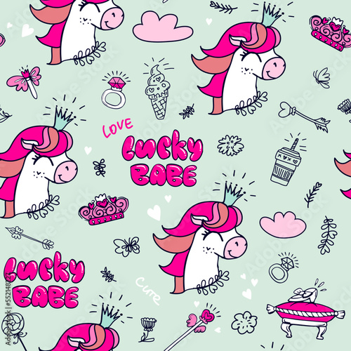 Abstract seamless unicorn pattern with sketch style signs of magic wand, butterflies, milk cocktail glass, ice cream cone, leaves, cloud, flowers, ring. Cartoon Happy horce face. Cute pony princess photo