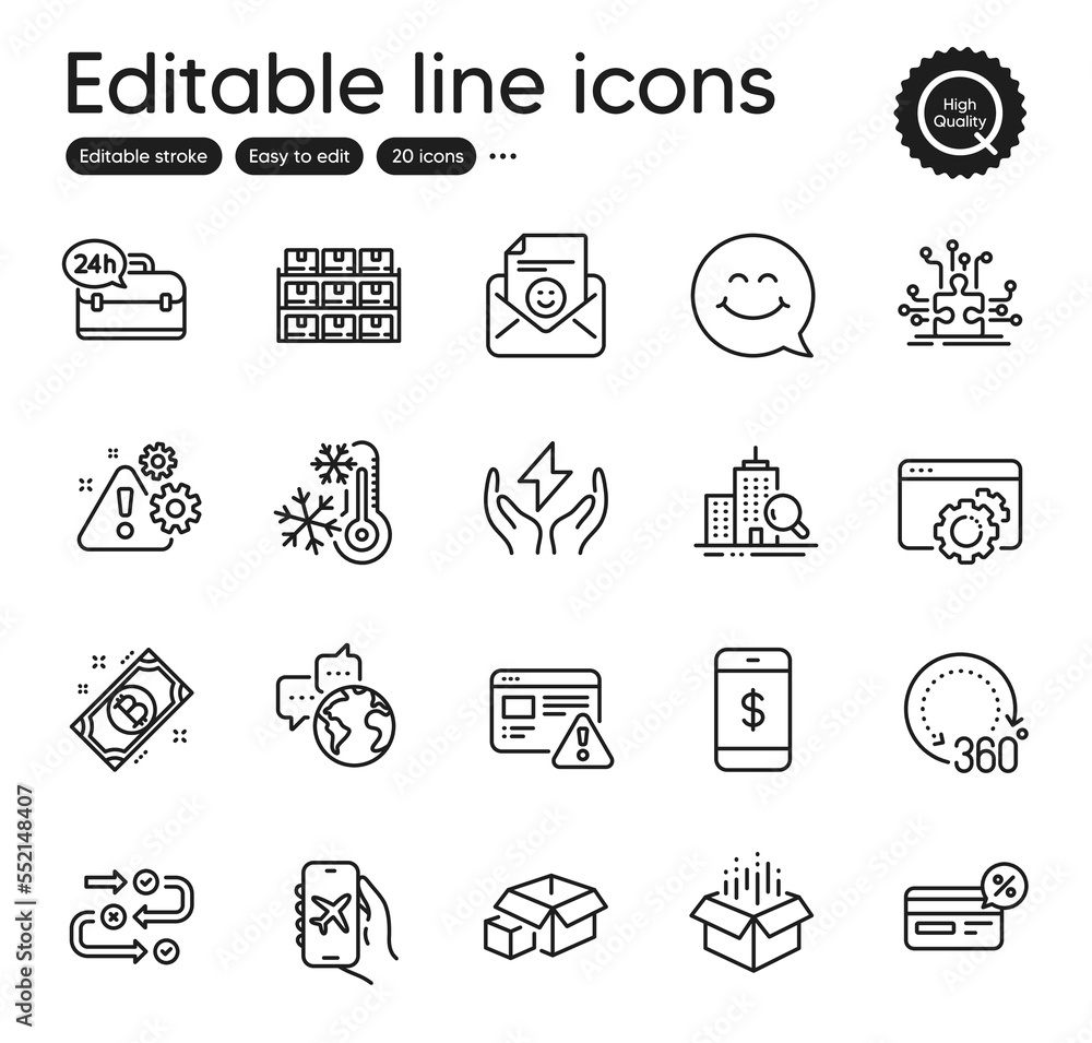 Set of Technology outline icons. Contains icons as Smartphone payment, 360 degrees and Safe energy elements. Smile face, Survey progress, Packing boxes web signs. Inspect. Vector
