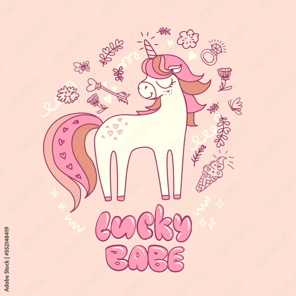 Obraz premium Cute unicorn illustration with sketch sign of magic wand, ring, flowers, hearts, cloud. Pony girl poster. Fairytale horse cartoon character for t shirt design.