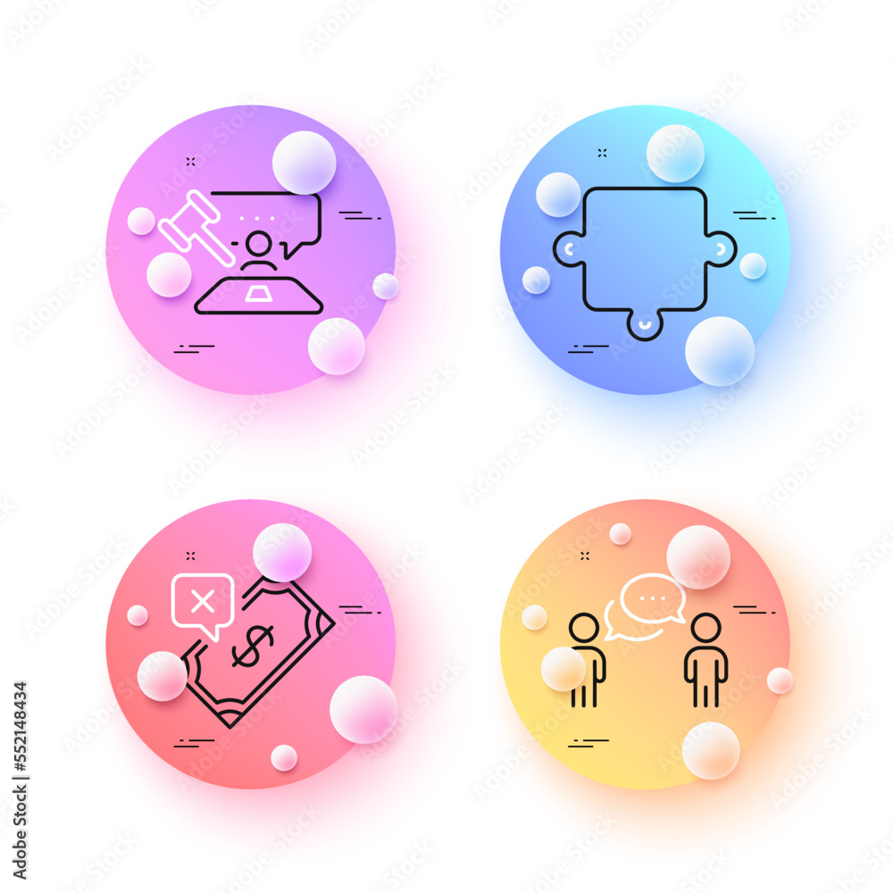 Consulting business, Judge hammer and Puzzle minimal line icons. 3d spheres or balls buttons. Rejected payment icons. For web, application, printing. Team meeting, Judgement, Puzzle piece. Vector Consulting business, Judge hammer and Puzzle minimal line icons. 3d spheres or balls buttons. Rejected payment icons. For web, application, printing. Team meeting, Judgement, Puzzle piece. Vector