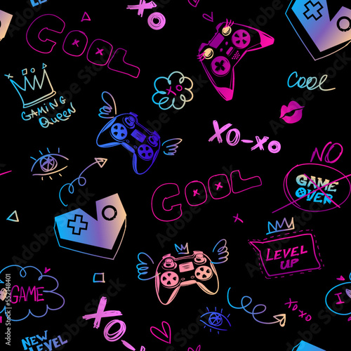 Cartoon gamepads repeat print for girl textile, fashion clothes, wrapping paper. Girlish game pads seamless pattern. Fancy gaming ornament with neon hearts, joystick, crown, speech comics cloud, text