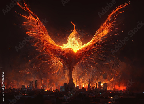 Phoenix from the ashes with fiery wings