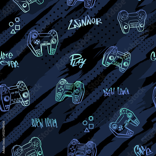 Abstract seamless pattern with gamepads on endless dark Grunge background with digital geometric elements end dots. Grunge gaming repeat print for sport textile, fashion clothes, wrapping paper.