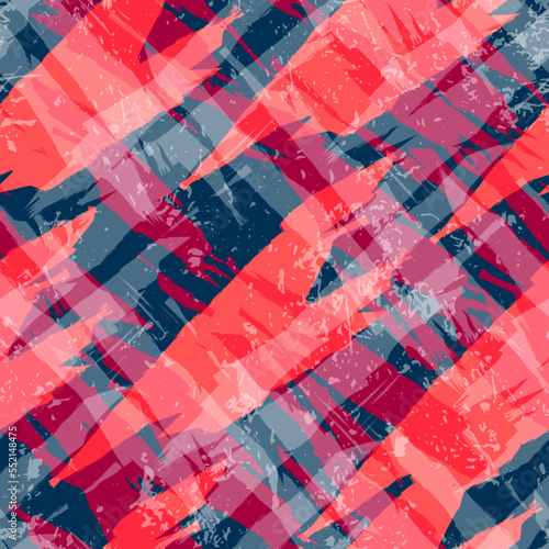 Abstract seamless grunge pattern in orange and grey colors. Grungy multilayer repeat print for sport textile, fashion clothes, wrapping paper. Textured endless background.