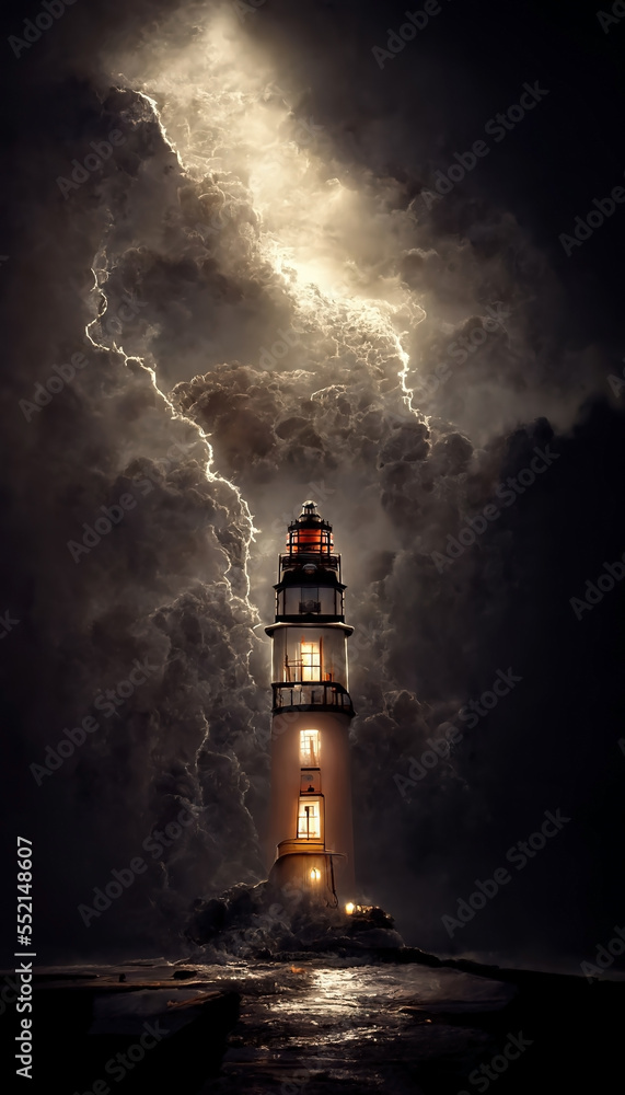 Lighthouse in a stormy weather. A tower or other structure containing a beacon light to warn or guide ships at sea.