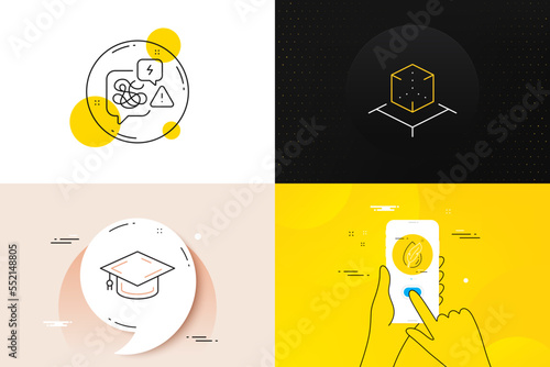 Minimal set of Hypoallergenic tested, Stress and Augmented reality line icons. Phone screen, Quote banners. Graduation cap icons. For web development. Feather, Messy anxiety, Virtual reality. Vector
