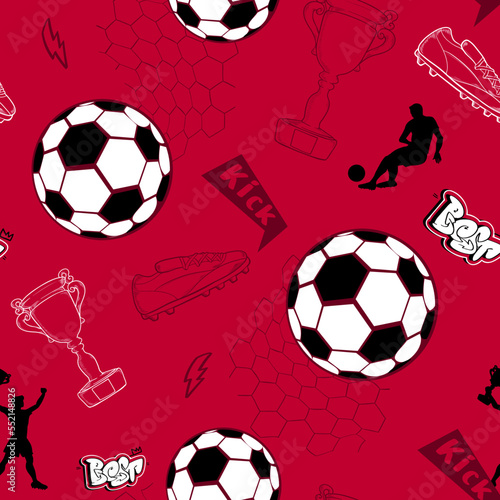 Abstract seamless football pattern on red background with soccer ball, footballer silhouette, winner cup, Snickers boots. Vector Sport repeat print.