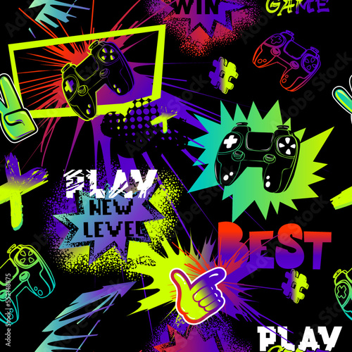 Abstract seamless gamepad pattern. Colorful neon gamepads repeated print.