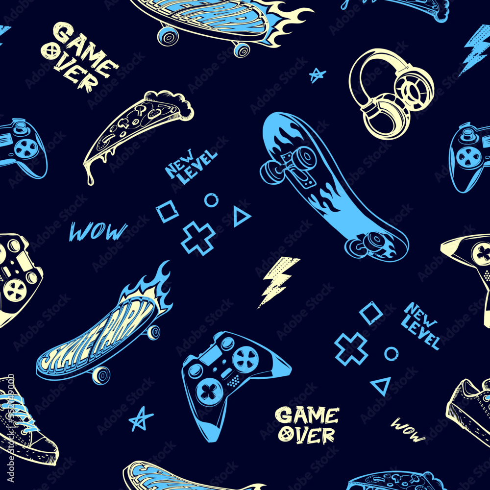 Abstract seamless pattern with gamepad illustration, skateboard, headphones, pizza slice, lightning, text Game over, New level. Teenager things repeat print for sport textile, fashion clothes. 