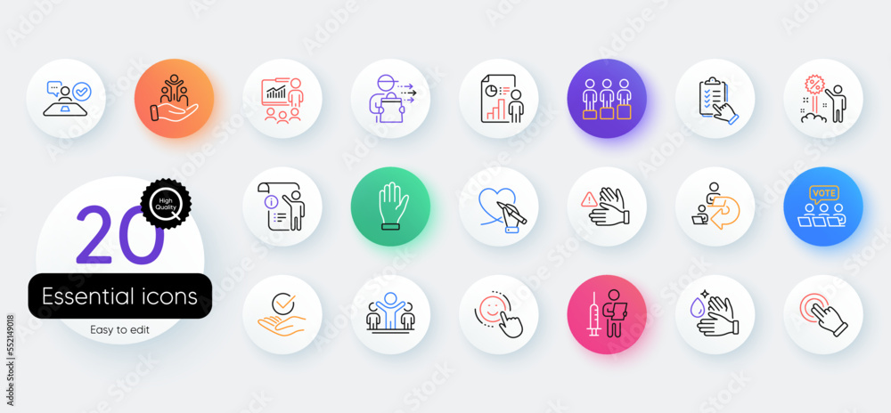 Simple set of Hand, Social care and Equity line icons. Include Presentation, Manual doc, Approved icons. Wash hands, Smile, Checklist web elements. Job interview, Dont touch, Business report. Vector Simple set of Hand, Social care and Equity line icons. Include Presentation, Manual doc, Approved icons. Wash hands, Smile, Checklist web elements. Job interview, Dont touch, Business report. Vector