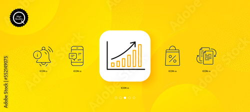 Information bell, Bureaucracy and Shopping bag minimal line icons. Yellow abstract background. Graph chart, Smartphone notification icons. For web, application, printing. Vector