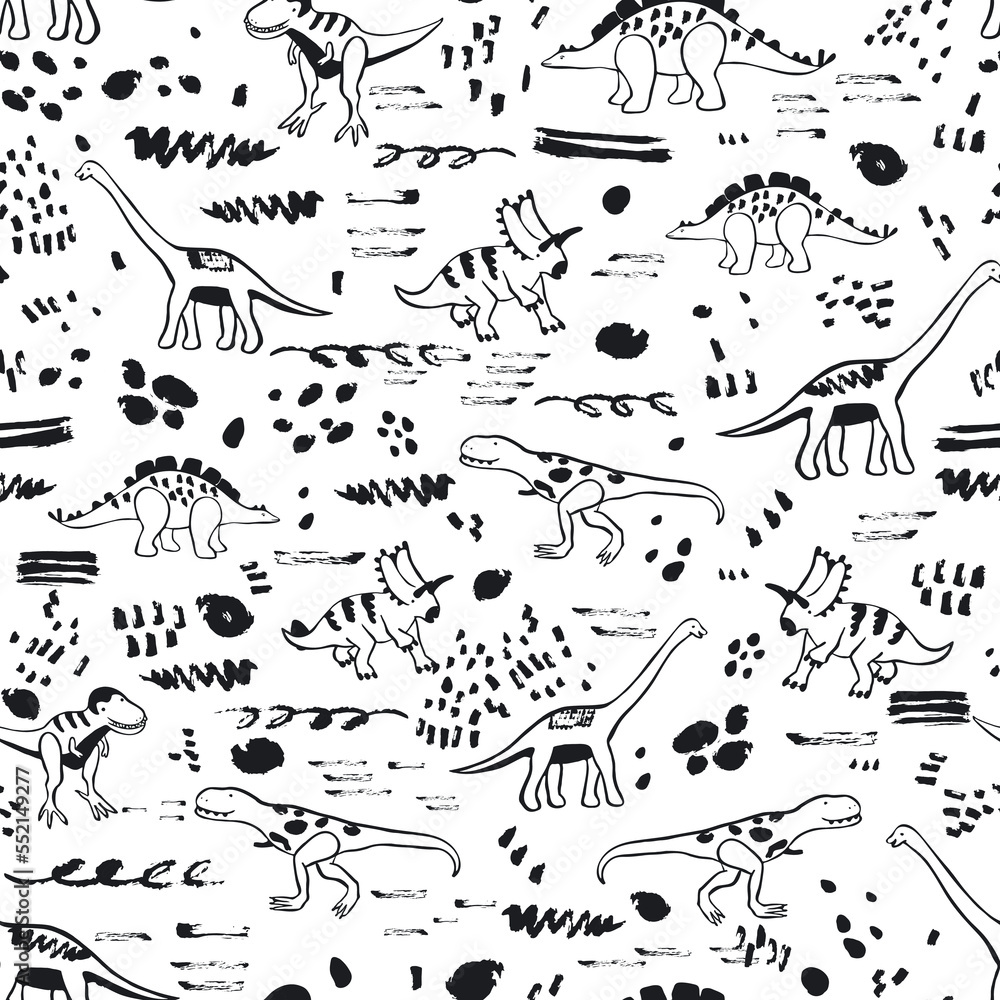 Obraz premium Dinosaurs funny doodle vector seamless pattern.