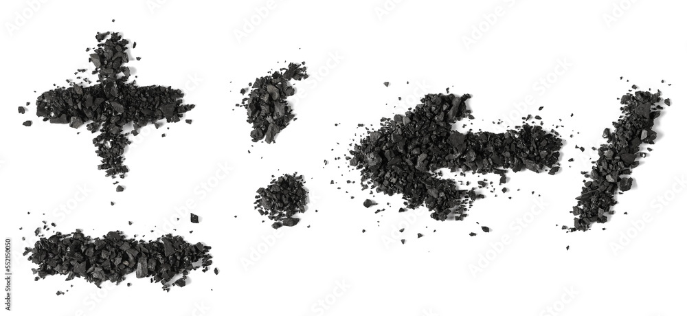 Black coal pile in shape basic mathematical symbols isolated on white, clipping path