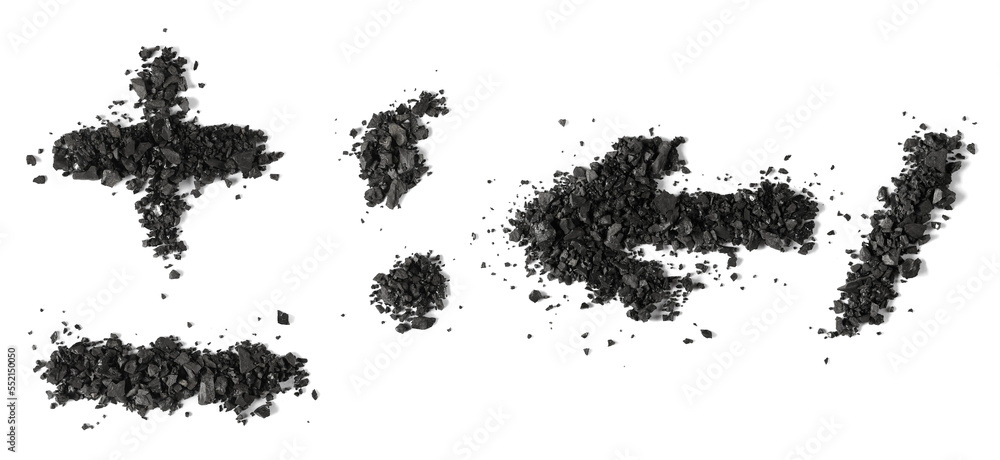 Black coal pile in shape basic mathematical symbols isolated on white, clipping path Black coal pile in shape basic mathematical symbols isolated on white, clipping path