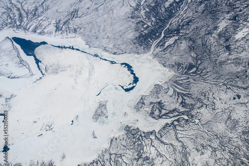 Ariel view over the frozen southern tip of the Hudson Bay in Canada. Digitally enhanced. The elements of this image furnished by NASA.