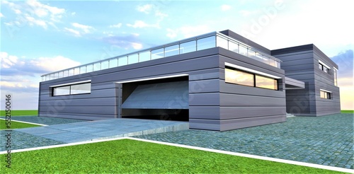 Contemporary design warehouse constructed with metal parts. Entrance with lifting gate for vehicles inside the building. 3d rendering.