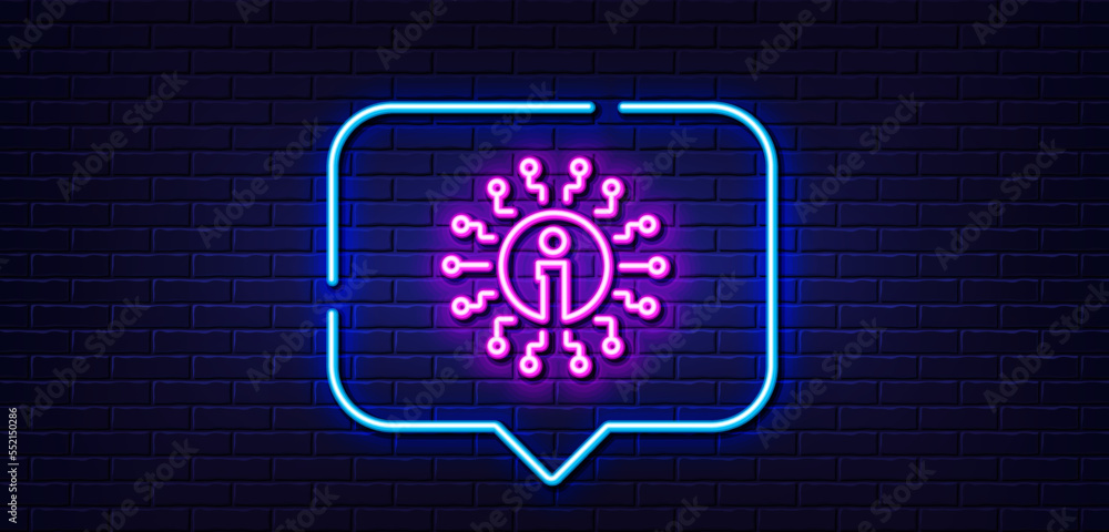 Neon light speech bubble. Info line icon. Information center sign. Support system symbol. Neon light background. Info glow line. Brick wall banner. Vector Neon light speech bubble. Info line icon. Information center sign. Support system symbol. Neon light background. Info glow line. Brick wall banner. Vector