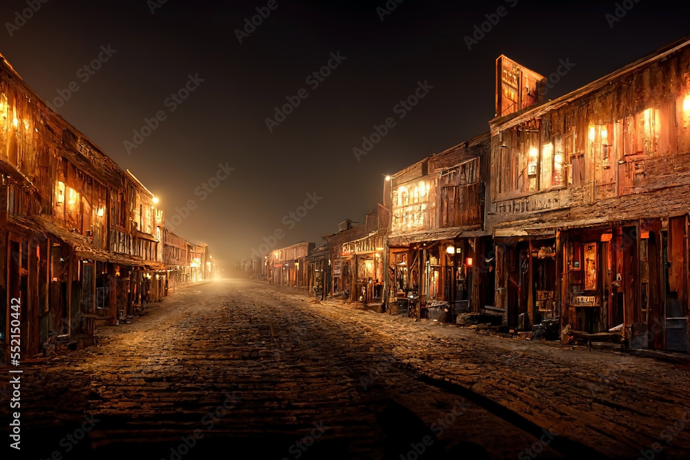 Empty Dirt Street In An Old Western Town With Various Wooden