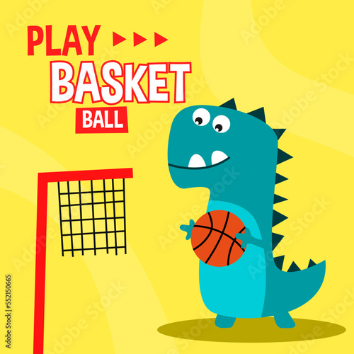 Funny dinosaur playing basketball animal cartoon design illustration