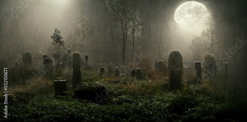 Stampa su tela Spooky cemetery landscape with old tombstones and fog