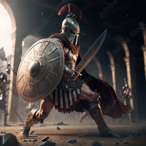 Gladiator in a helmet with a sword and shield in armor in the midst of a fight, vintage fights without rules, 3D graphic