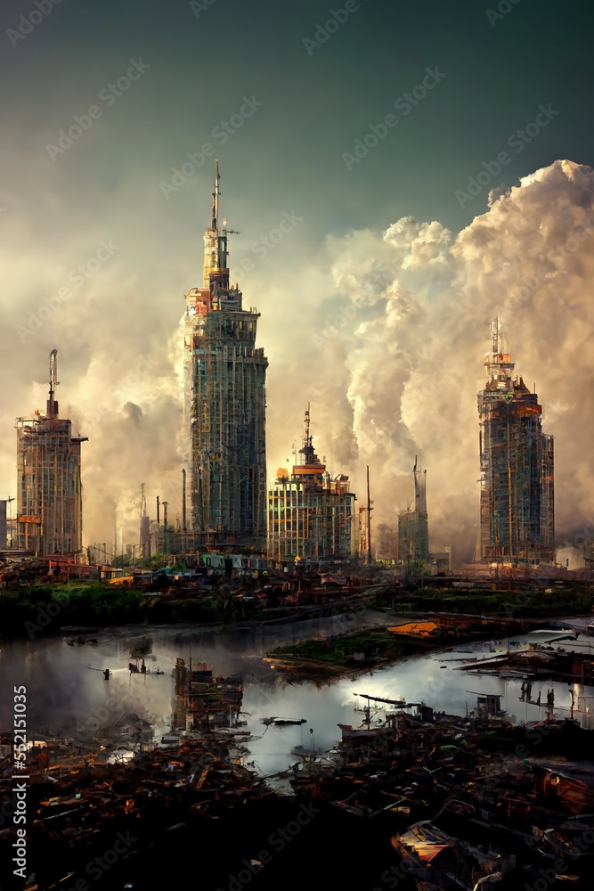 Obraz premium Post apocalypse city ruins with street crossing into the horizon. Desolate city ruins. Buildings on both sides of street with abandoned cars.
