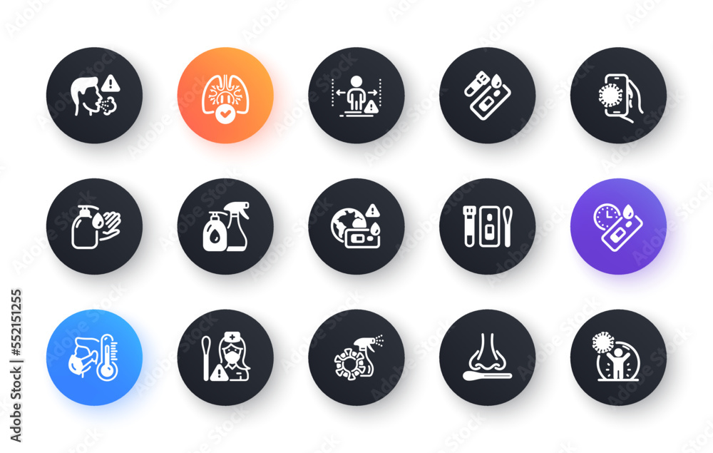 Covid Test icons. Nasal swab, Blood testing, Waiting time. Social Distance, Hand Sanitizer, Rapid Antigen Test icons. Coronavirus protection, Pneumonia virus. Nose with cotton swab. Vector