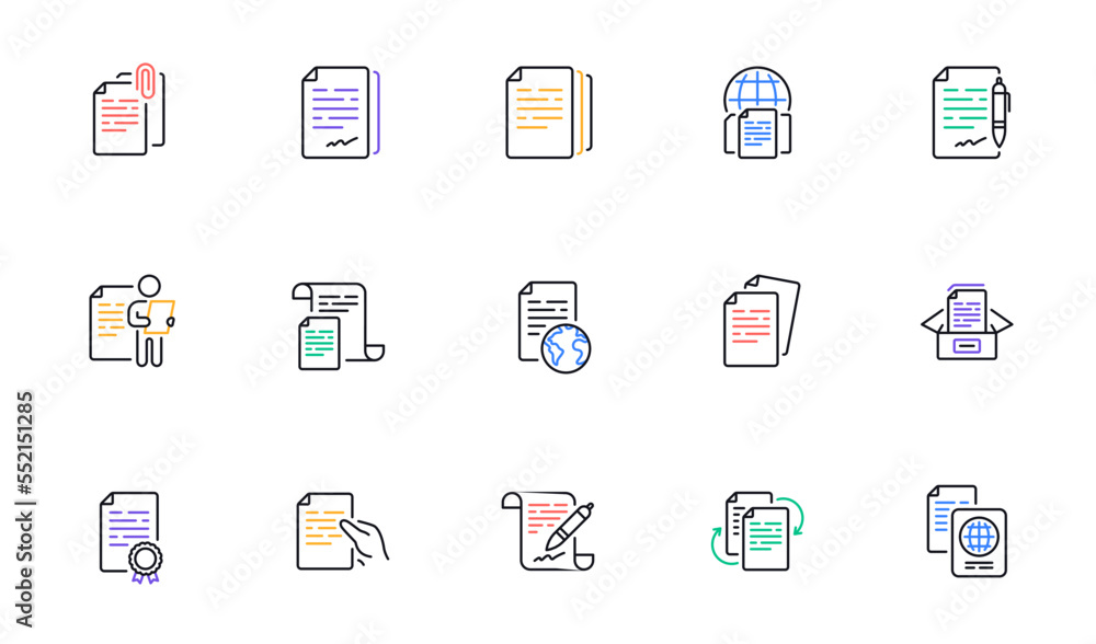 Documents line icons set. Copy files, Contract agreement, Passport. CV interview, documents workflow, attachment clip icons. Change files, bureaucracy and contract signature. Vector Documents line icons set. Copy files, Contract agreement, Passport. CV interview, documents workflow, attachment clip icons. Change files, bureaucracy and contract signature. Vector