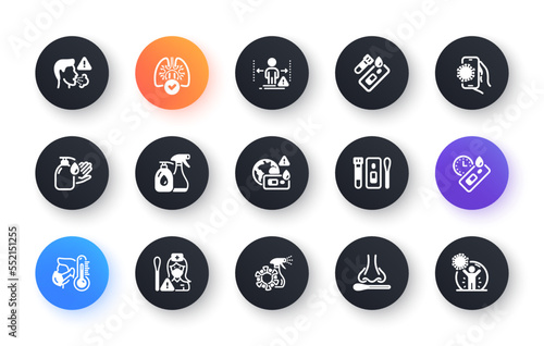 Covid Test icons. Nasal swab, Blood testing, Waiting time. Social Distance, Hand Sanitizer, Rapid Antigen Test icons. Coronavirus protection, Pneumonia virus. Nose with cotton swab. Vector
