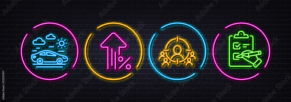 Car travel, Increasing percent and Business targeting minimal line icons. Neon laser 3d lights. Checklist icons. For web, application, printing. Transport, Discount, People and target aim. Vector