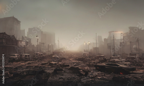 Fotografia Post apocalypse city ruins with street crossing into the horizon