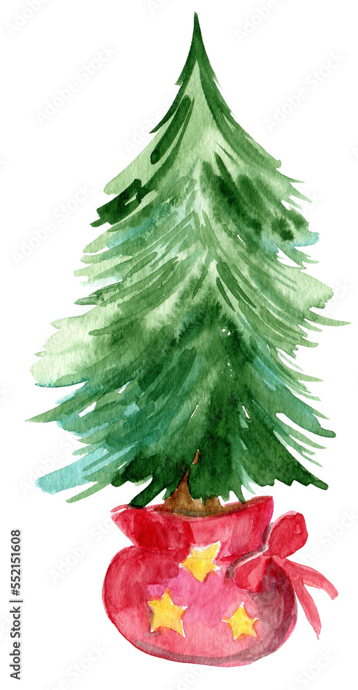 Obraz premium Christmas tree potted in a red bag watercolor illustration, New Year 600 dpi PNG with transparent background, gift bag, winter holidays, logo, poster, graphic elements 