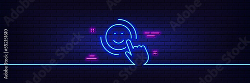 Neon light glow effect. Smile line icon. Positive feedback rating sign. Customer satisfaction symbol. 3d line neon glow icon. Brick wall banner. Smile outline. Vector