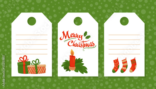 Merry Christmas gift tags set. Winter holidays labels with gift boxes, candles and socks cartoon vector