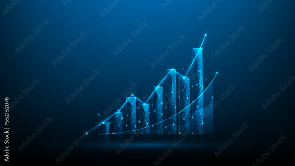 business graph growth digital marketing.rising stock chart on blue dark background. investment achievement successful. arrow income economy increase. vector illustration fantastic hi tech design. - obrazy, fototapety, plakaty 