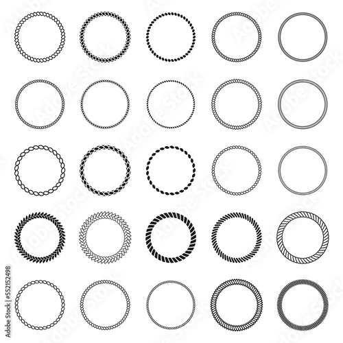 Rope frames collection. Set of round frames from nautical rope. Marine rope in circle shape for decoration