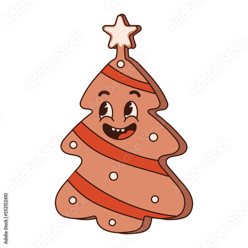 Gingerbread cookies in the shape of a Christmas tree. In a trendy groovy style. Vibes 70s. For prints, postcards, posters.