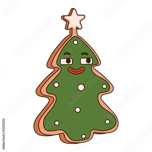 Gingerbread cookies in the shape of a Christmas tree. In a trendy groovy style. Vibes 70s. For prints, postcards, posters.