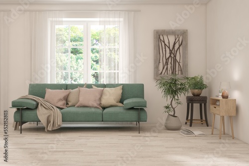 White living room with sofa and summer landscape in window. Scandinavian interior design. 3D illustration